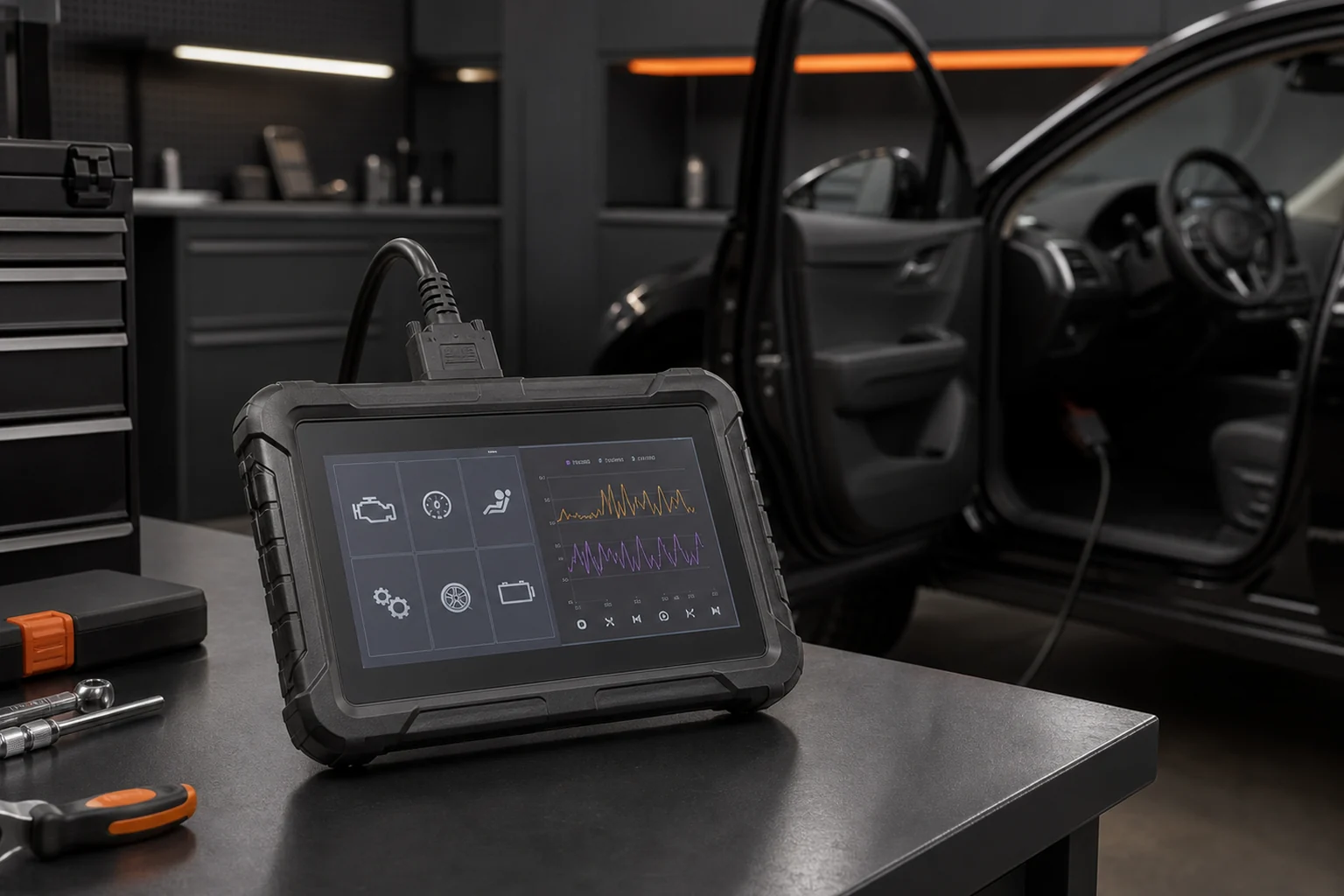 Professional automotive diagnostic scan tablet connected to a vehicle