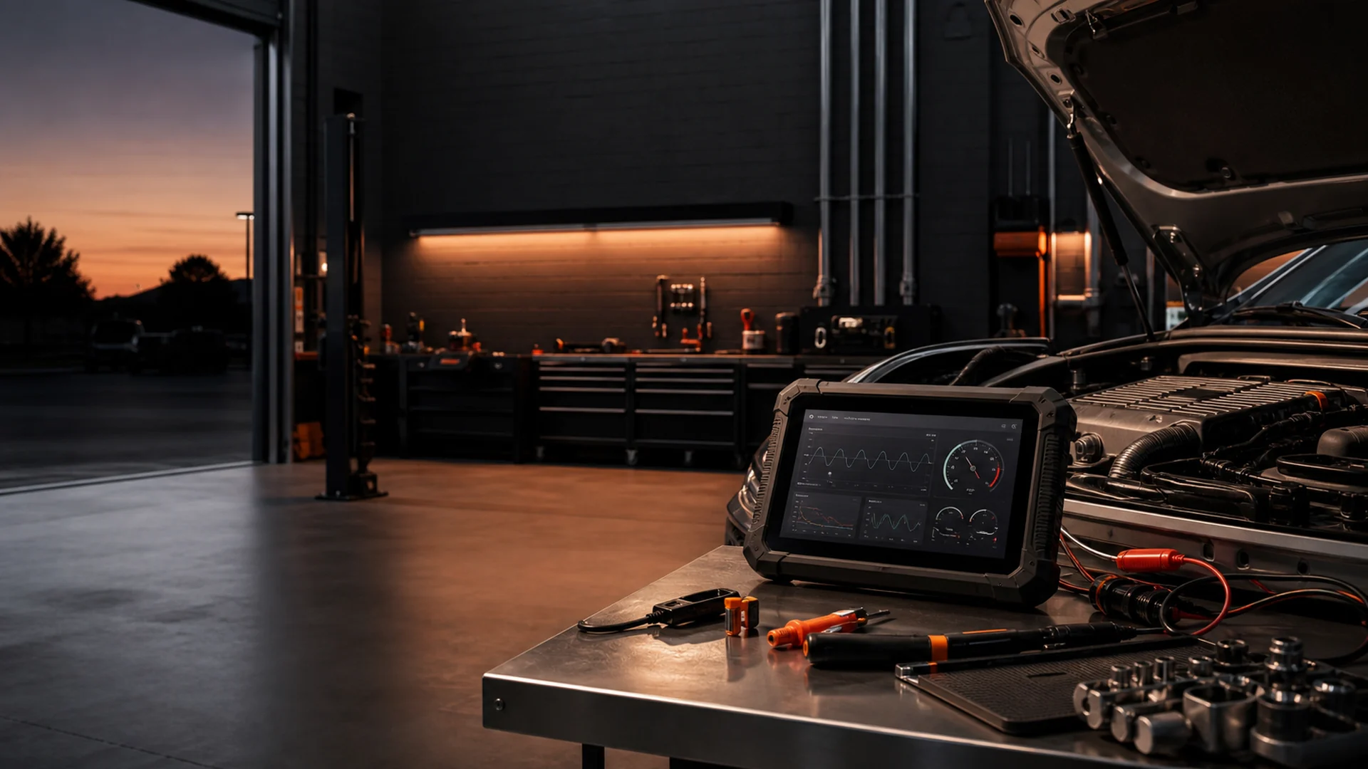 Professional automotive diagnostic tablet in a modern garage workshop
